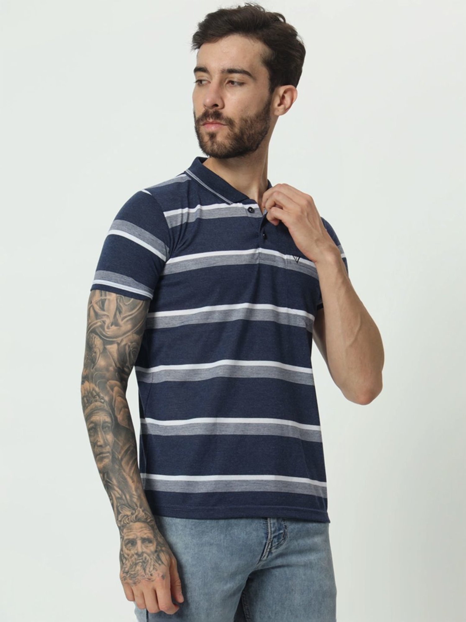 Tab91 Dark Blue Regular Fit Striped Polo T-Shirts