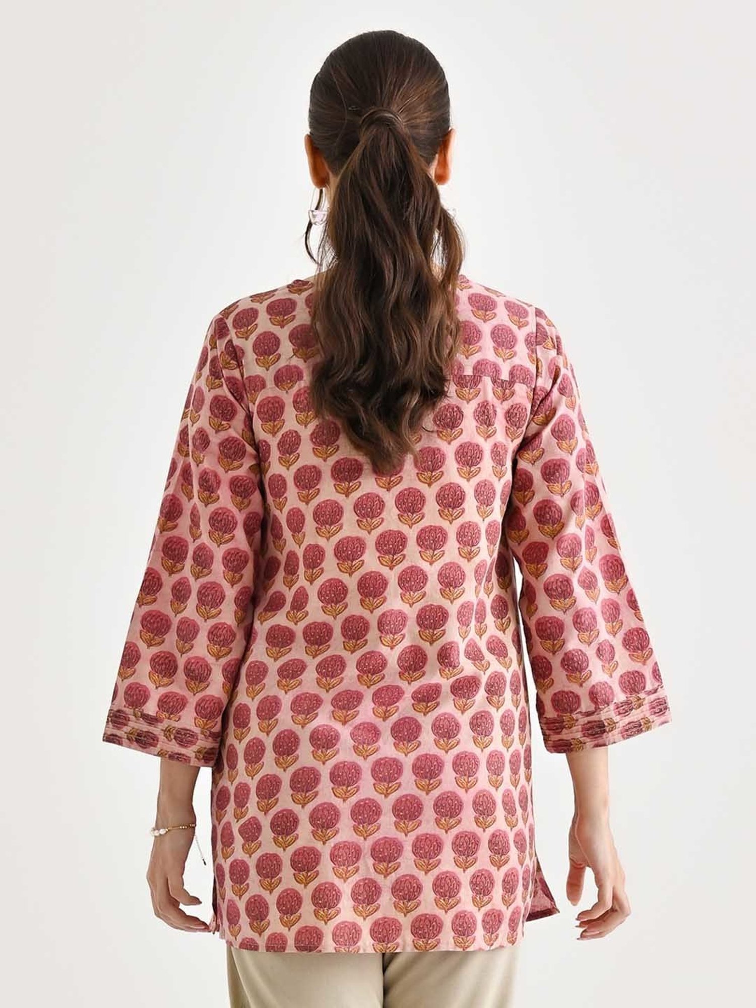 Rustorange Pink Cotton Floral Print A Line Short Kurti