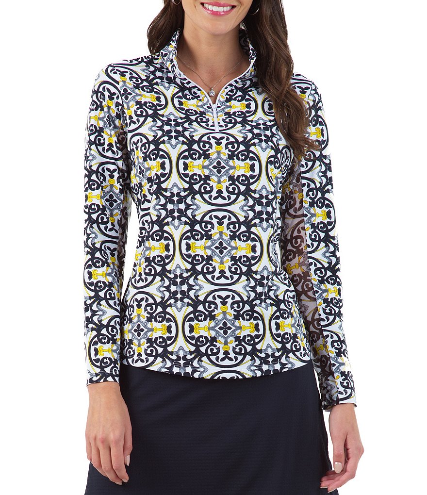 IBKUL Alice Print Long Sleeve Mock Neck Active Top