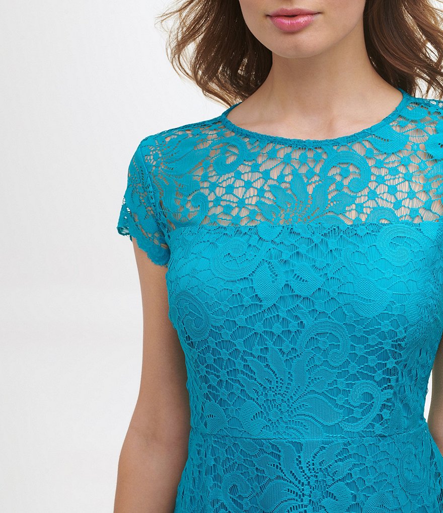 Kensie Illusion Crew Neck Cap Sleeve Lace A-Line Scallop Hem Dress