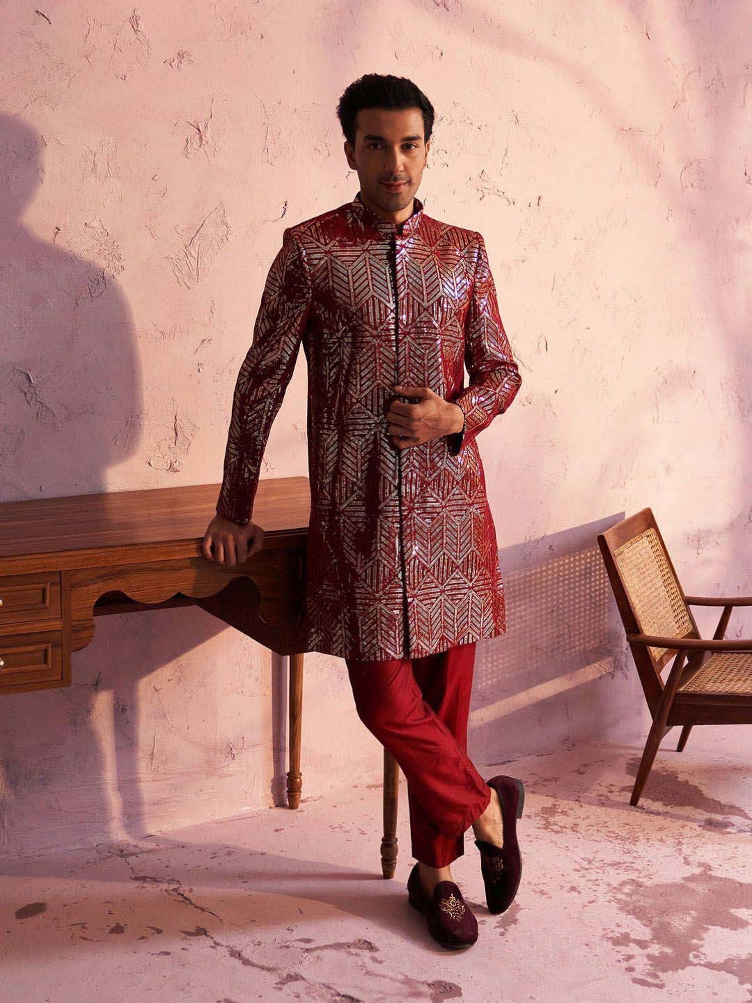 Vastramay Maroon Regular Fit Embroidered Sherwani Set