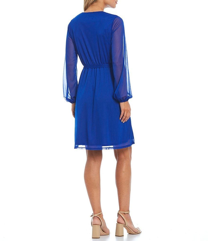 Marina Long Sleeve V-Neck Tie Front Chiffon Wrap Dress