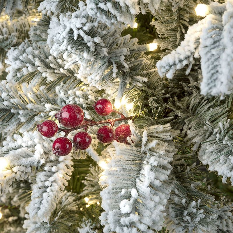 Haute Decor 7 Foot Lexington Slim Artificial Indoor Flocked Fir Tree with 1400 Warm White LED Lights and 34 Red Berry Clusters, Green