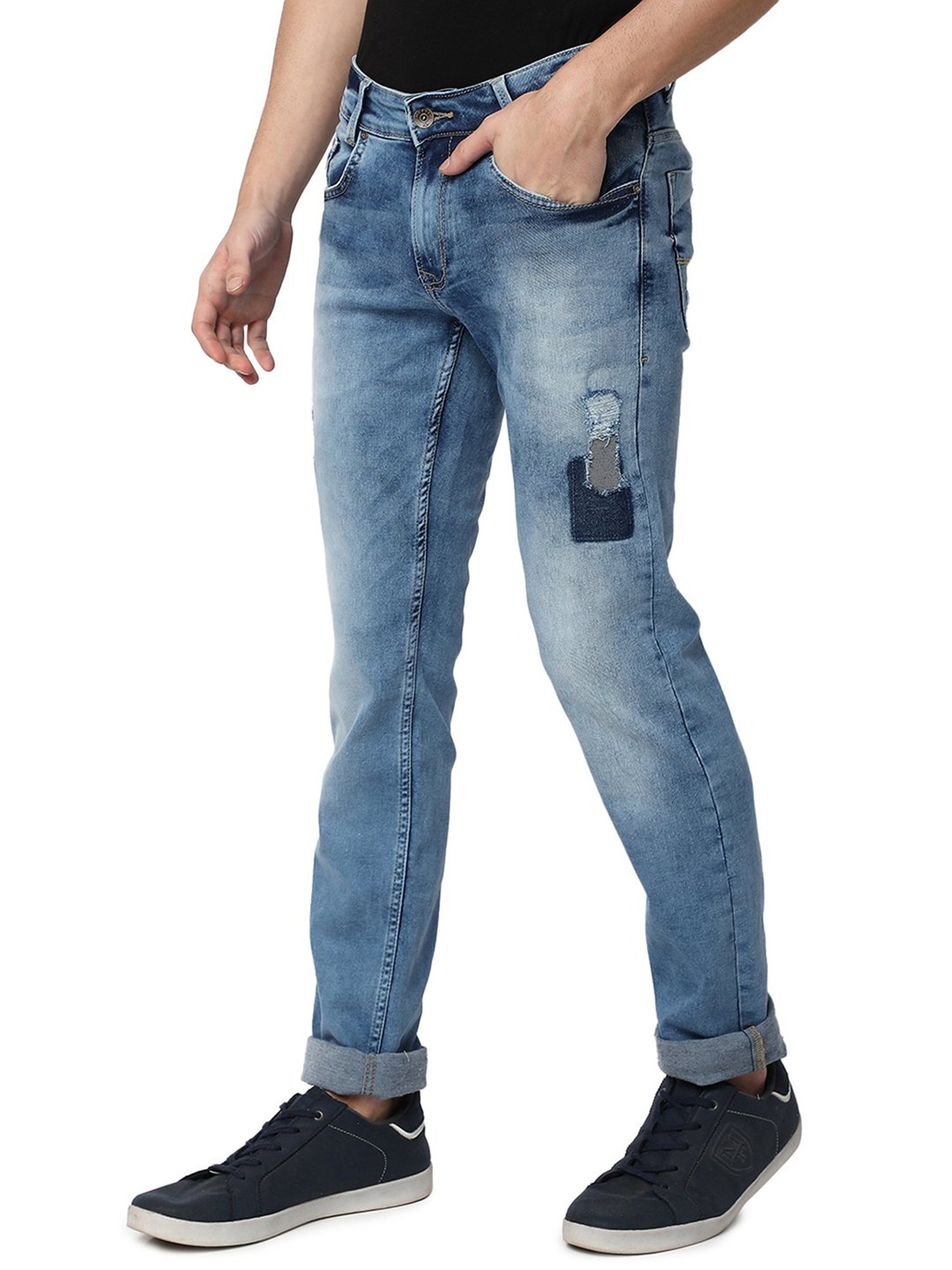 Mufti Light Blue Super Slim Fit Lightly Washed Distressed Jeans