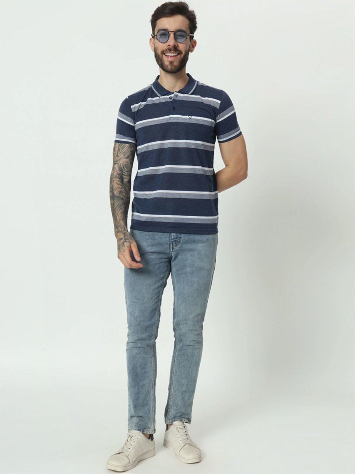 Tab91 Dark Blue Regular Fit Striped Polo T-Shirts