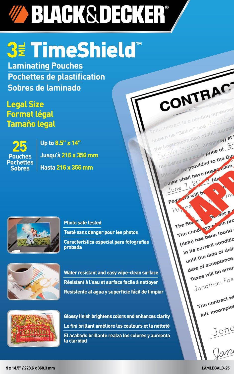 BLACK + DECKER TimeShield Thermal Laminating Pouches, Legal - 25 Pack (LAMLEGAL3-25)
