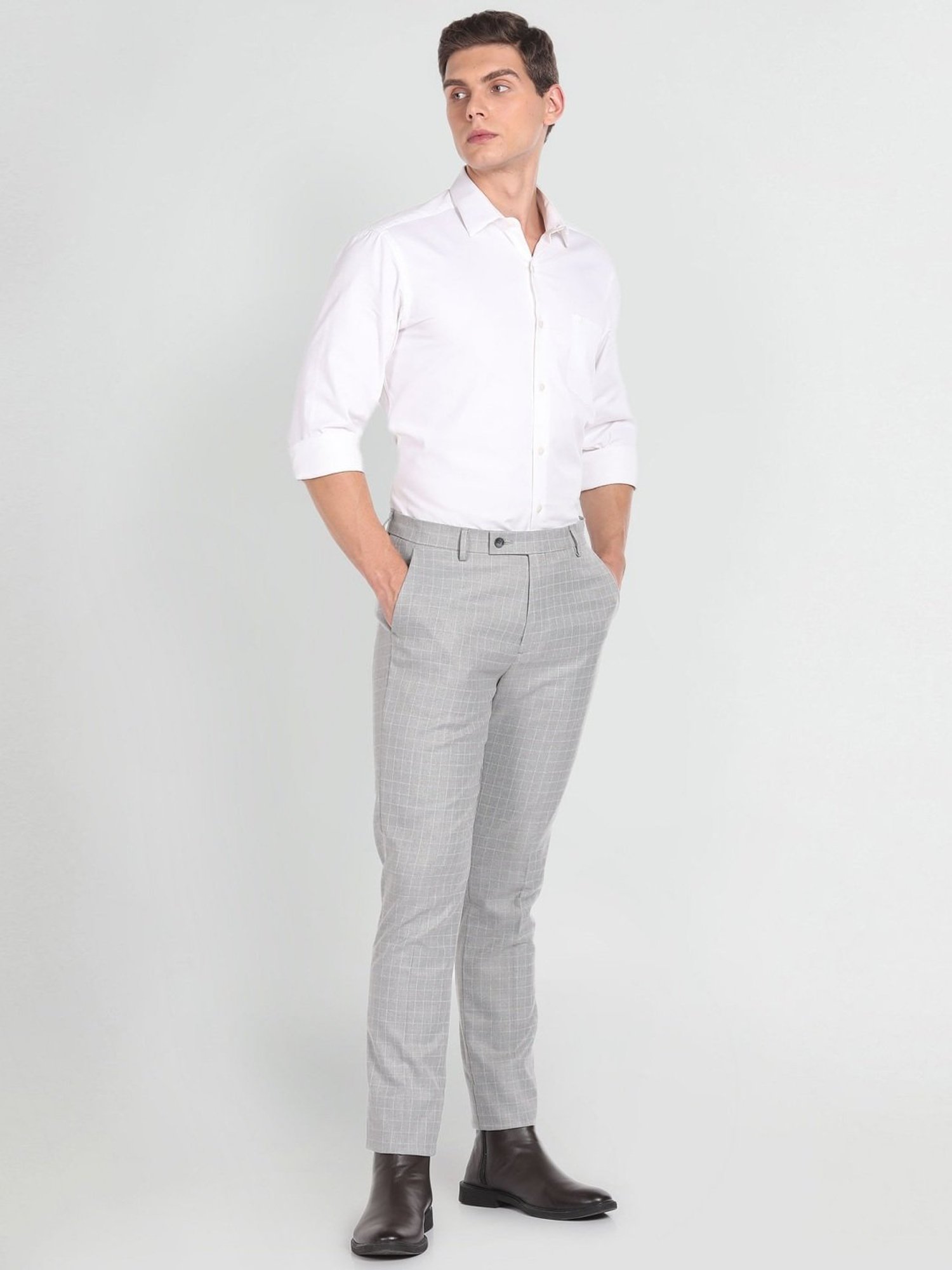 Arrow Grey Slim Fit Checks Trousers