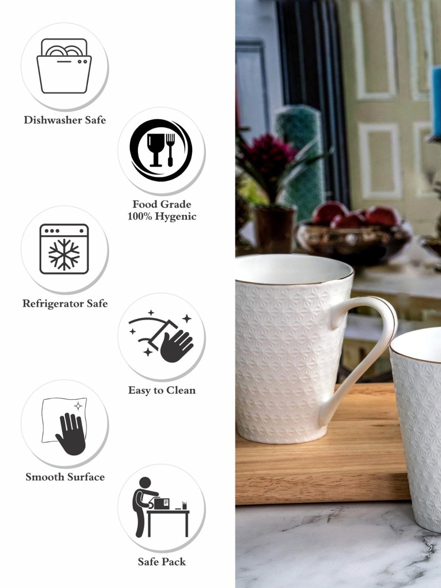 White Gold White Porcelain Emboss Coffee Mug - Set of 2