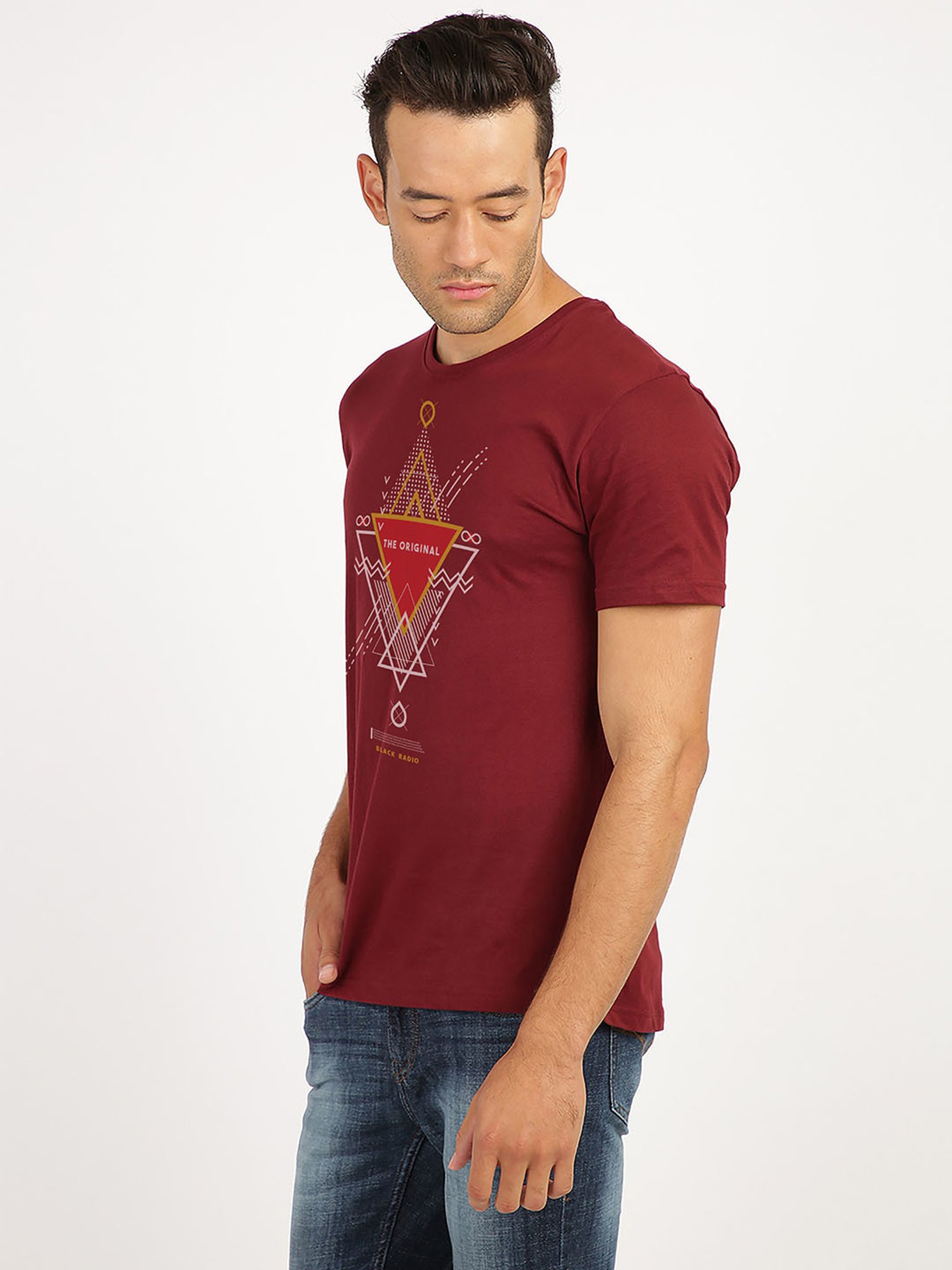 BLACK RADIO Maroon Slim Fit Printed Cotton Crew T-Shirt
