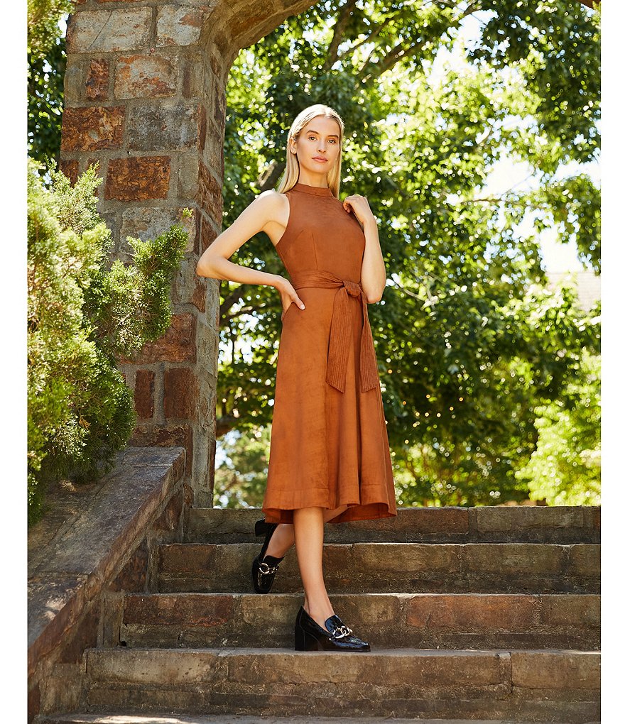 Antonio Melani Kinnon Mock Neck Sleeveless Self Belt Suede Midi Dress