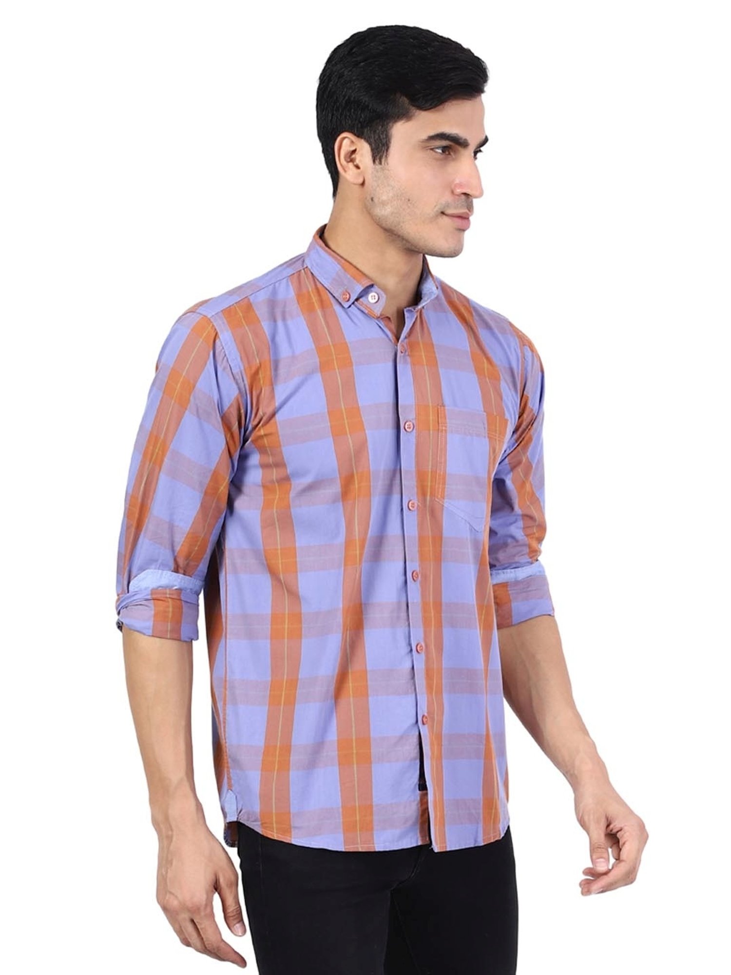 TAHVO Purple & Orange Cotton Slim Fit Checks Shirt
