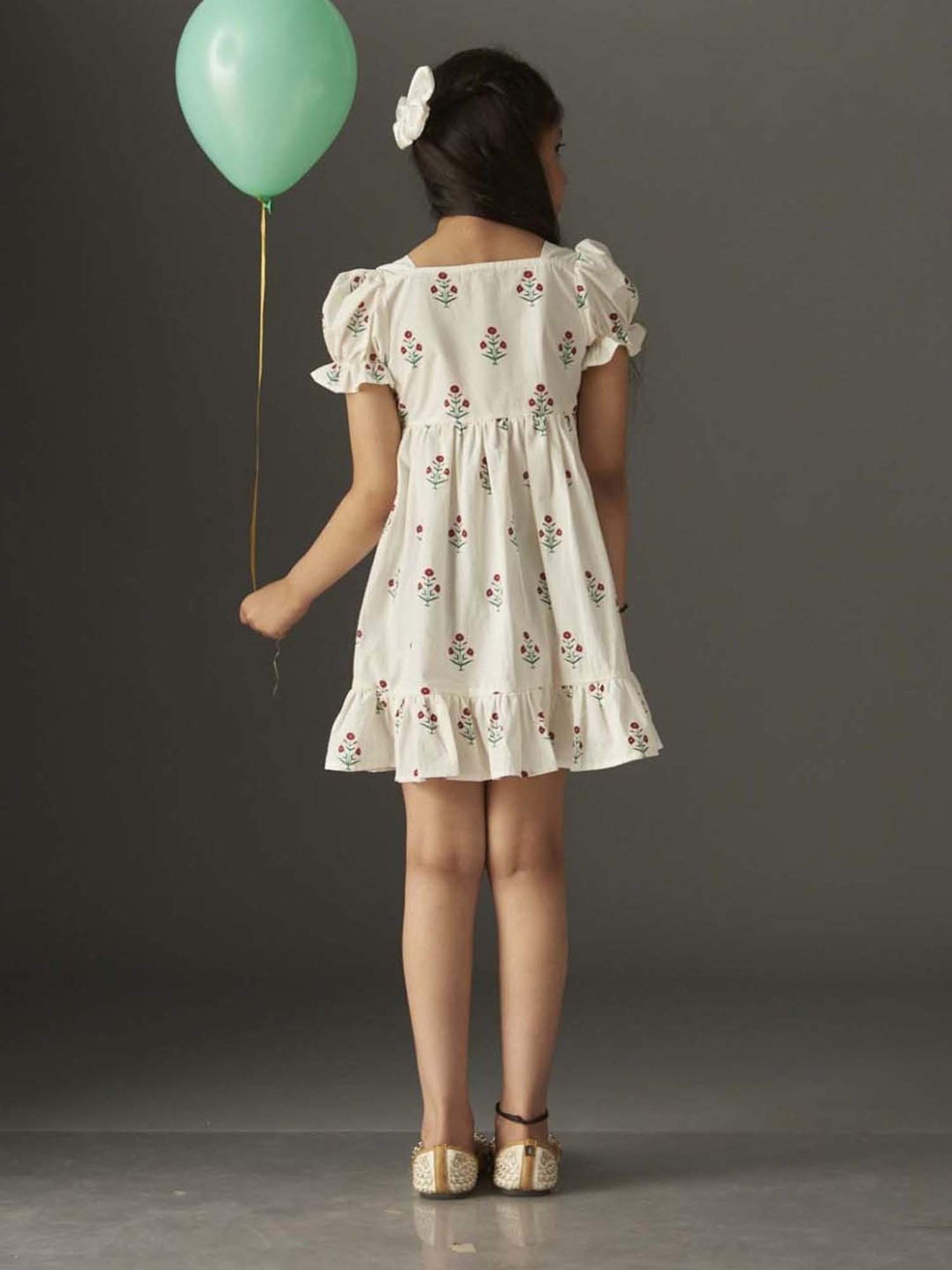 KidsDew Kids White Cotton Floral Print Dress