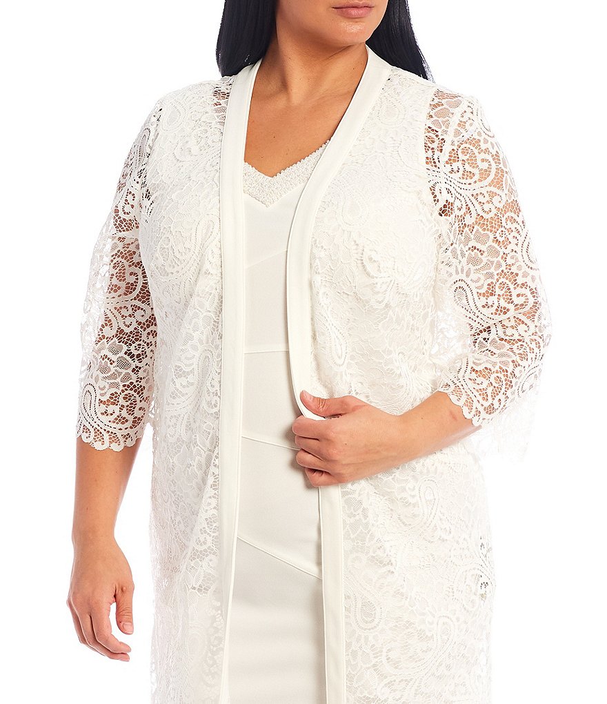 Le Bos Plus Size Round Neck 3/4 Sleeve Stretch Knit Lace Sheath 2-Piece Jacket Dress