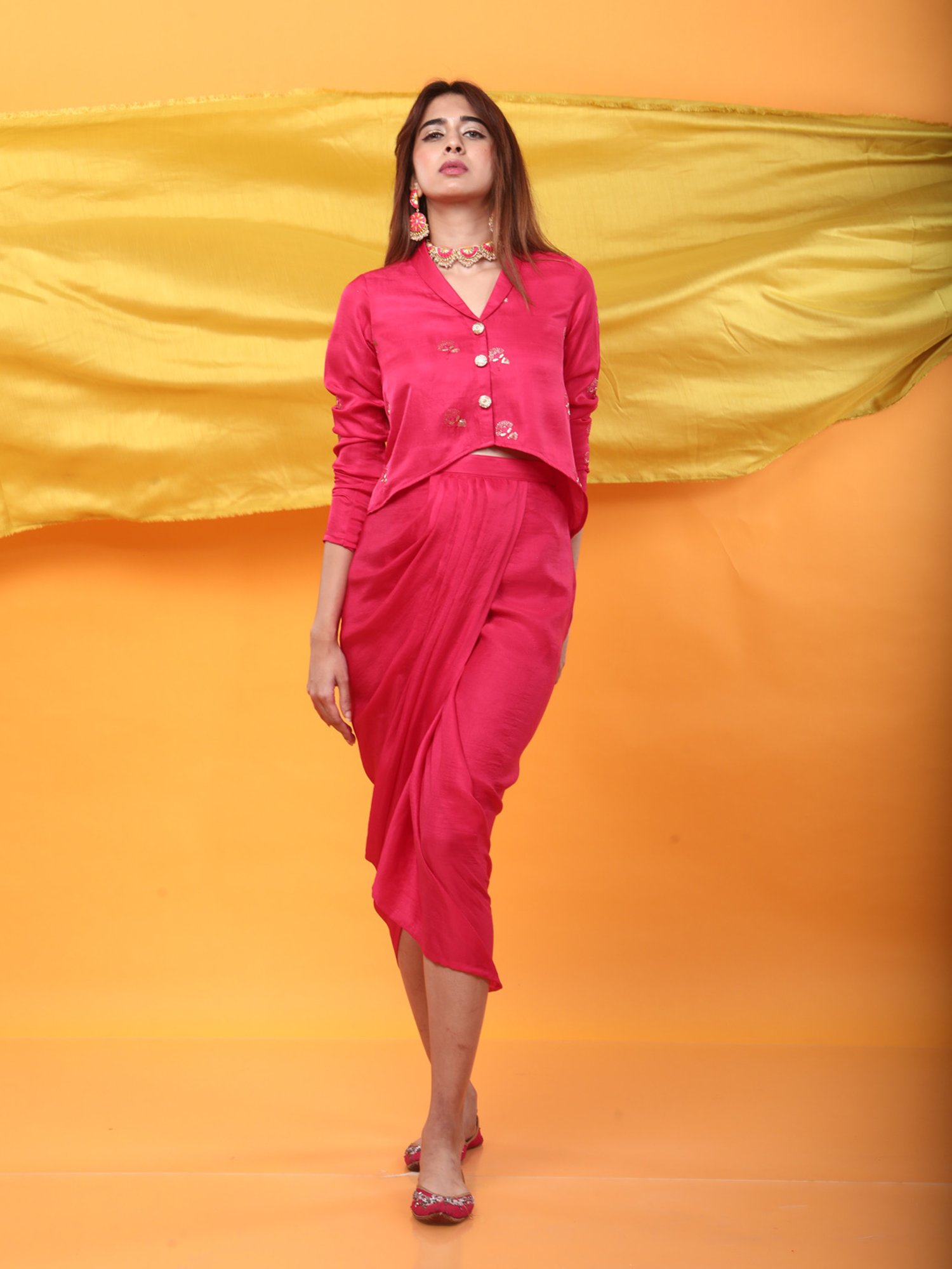 Monk & Mei Gulabo Dhoti and Jacket Co-ordSet-Fuchsia Pink