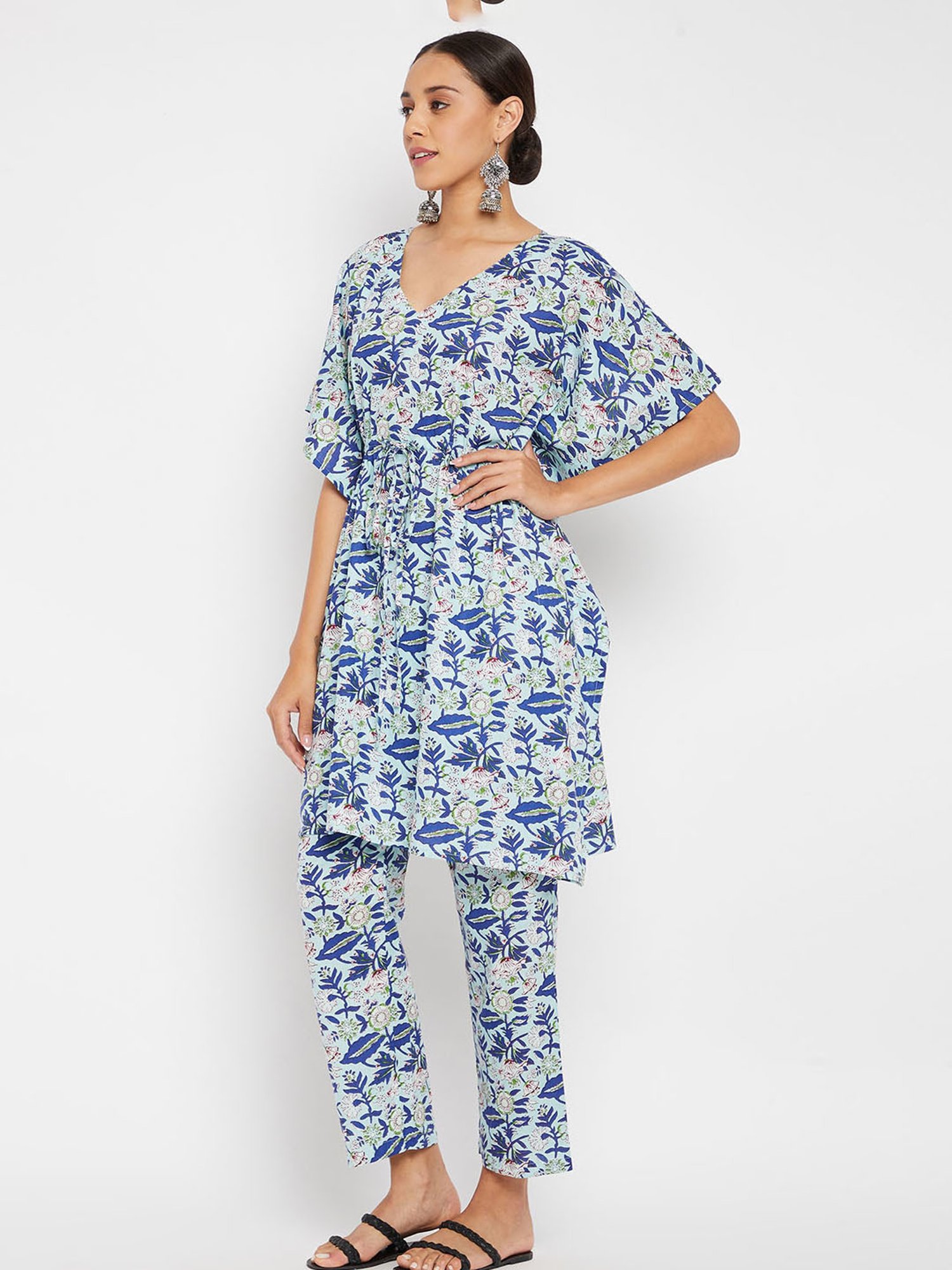 PANIT Blue Printed Cotton Kaftan Kurta Pant Set