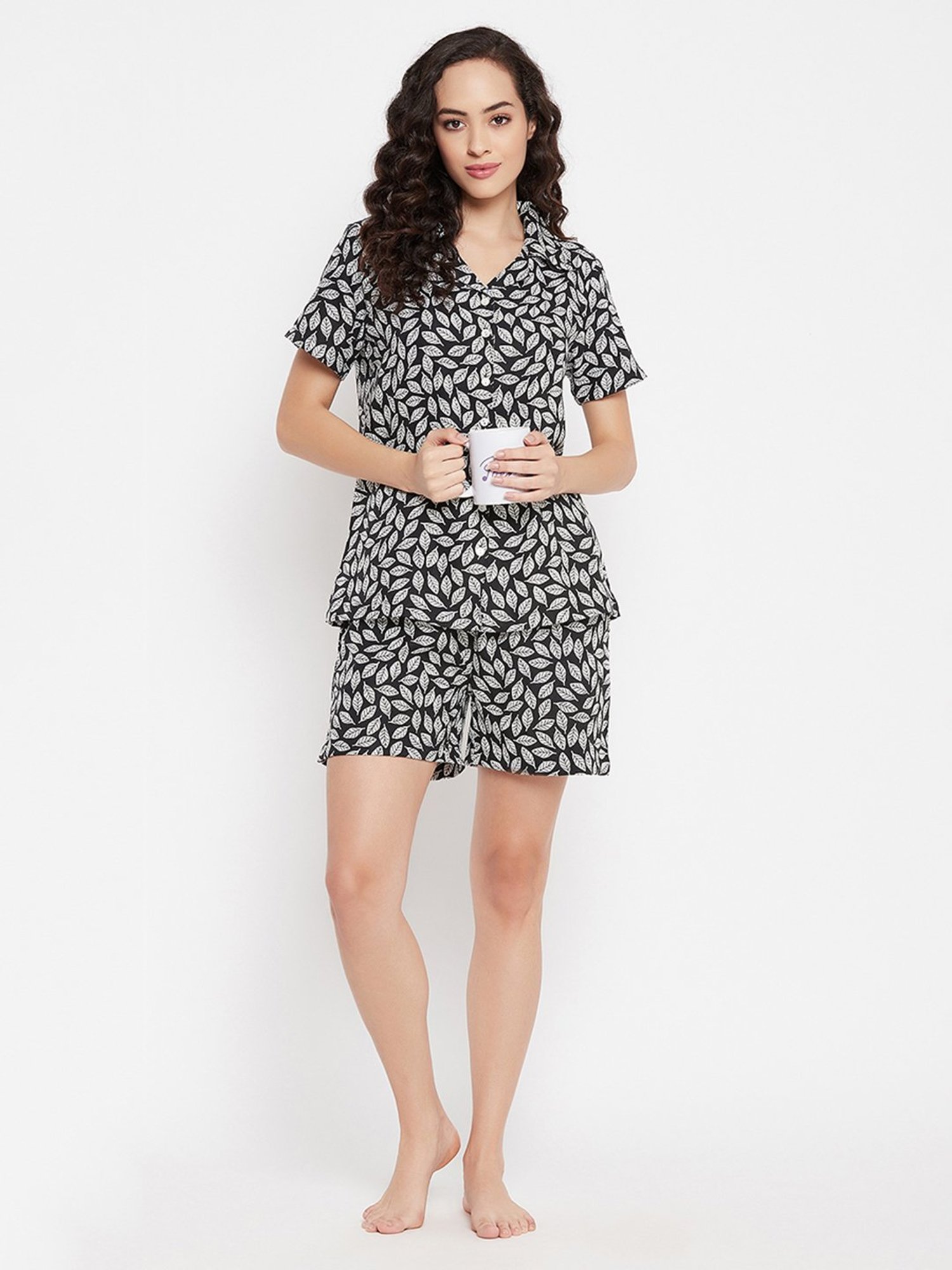 Clovia Black Printed Shirt With Shorts