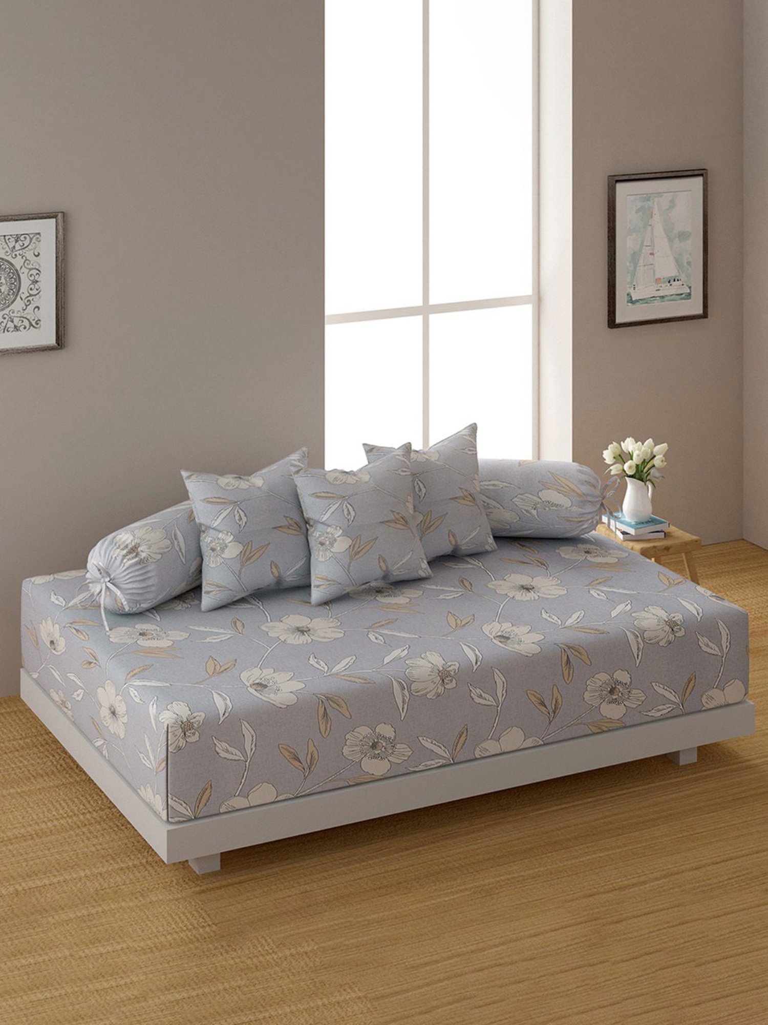 Living Roots Printed Grey 300 TC Cotton Single Diwan - Set of 8