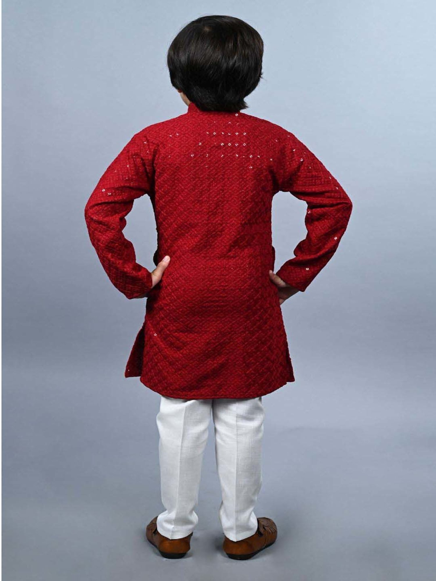 Ahhaaaa Kids Red & White Cotton Embroidered Full Sleeves Kurta Set