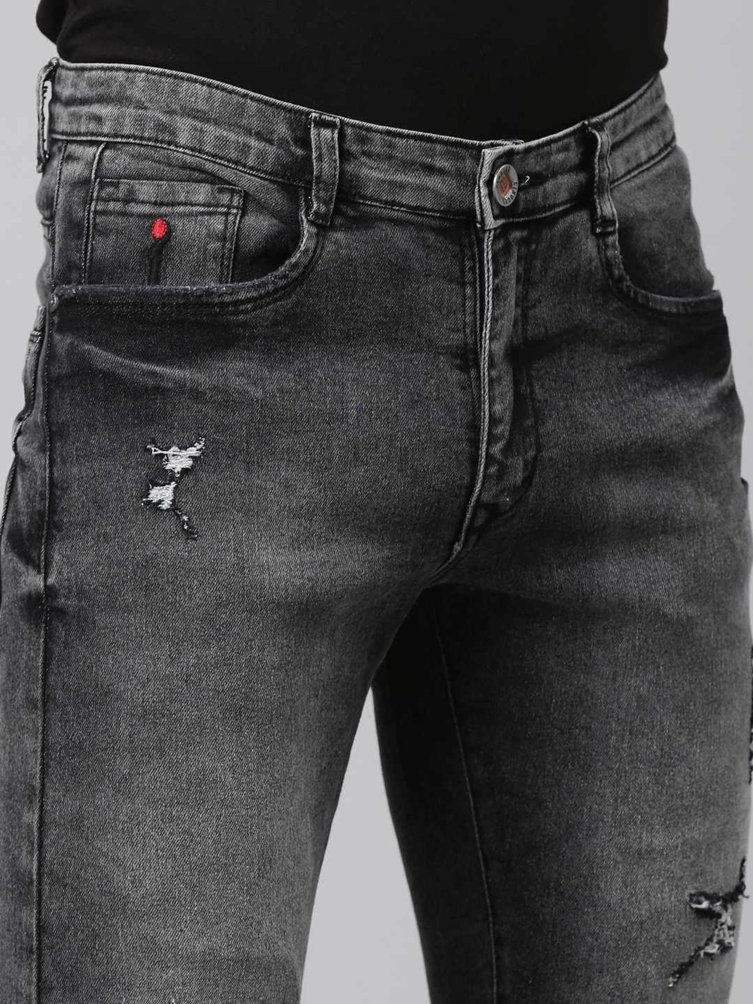 CINOCCI Black Cotton Slim Fit Distressed Jeans