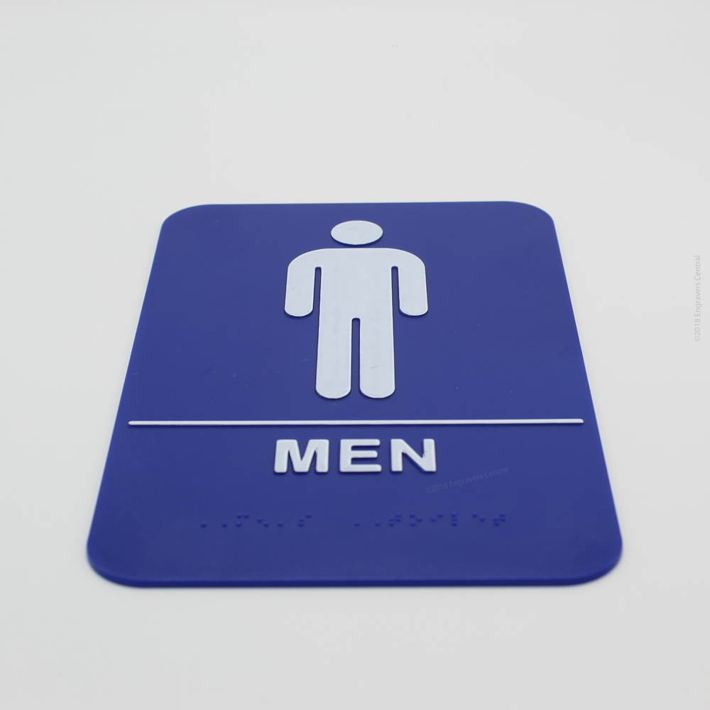 Men's Braille & Handicapped Restroom Sign - 6x9 ADA Bathroom Sign with Double Sided Adhesive Tape on Back - (Blue Background)