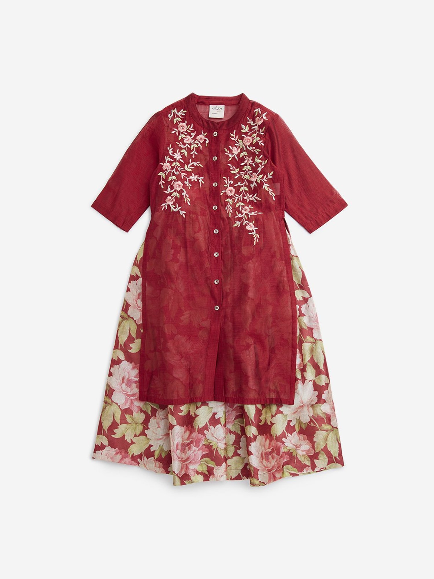 Utsa Kids by Westside Red Floral Embroidered A-Line Kurta with Inner