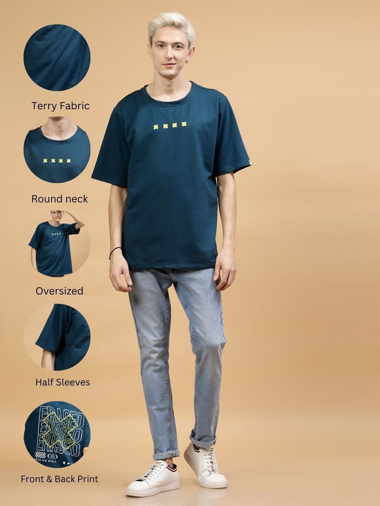 Rigo Teal Cotton Loose Fit Printed T-Shirt