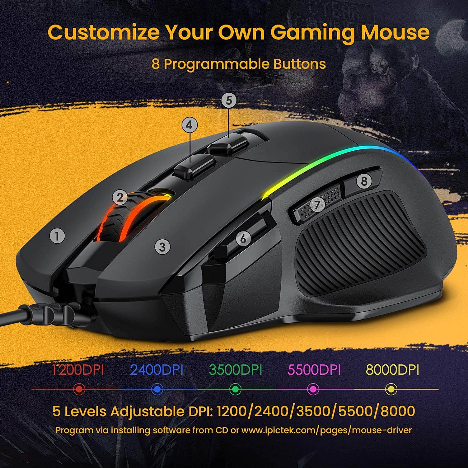 CUUWE Ergonomic Wired Gaming Mouse, 8 Programmable Buttons , 5 Levels Adjustable DPI up to 10000, Wired Computer Gaming Mice with 7 RGB Backlight Modes for PC, Laptop, MacBook
