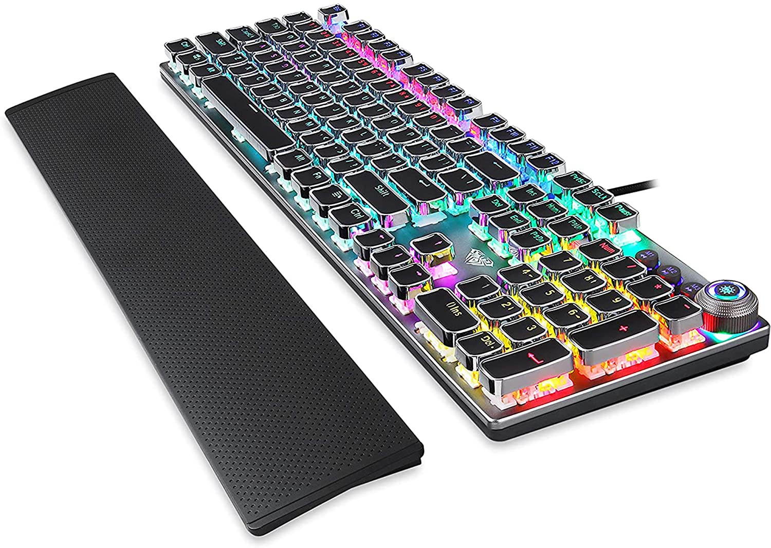 AULA F2088 True Mechanical Gaming Keyboard Multimedia Alloy Lighting Knob 104 Keys Anti-Ghost Marco Programming, Dual-Core IC Chip Metal Panel Wired LED Backlit Keyboard for PC Game