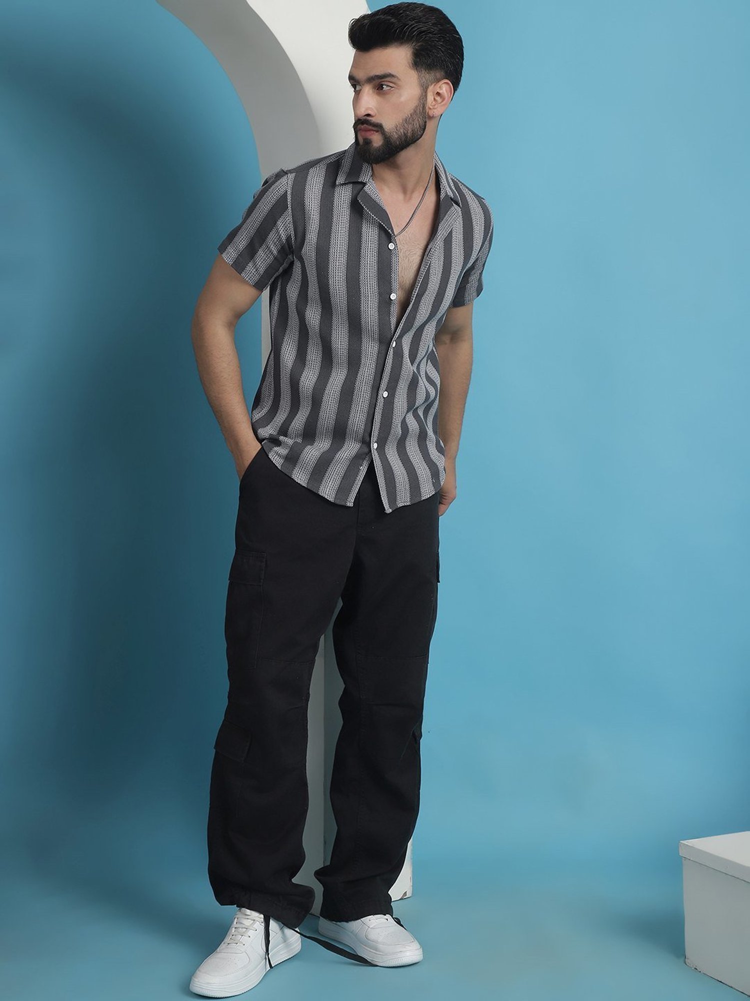 Indian Needle Grey Cotton Regular Fit Striped Shirt