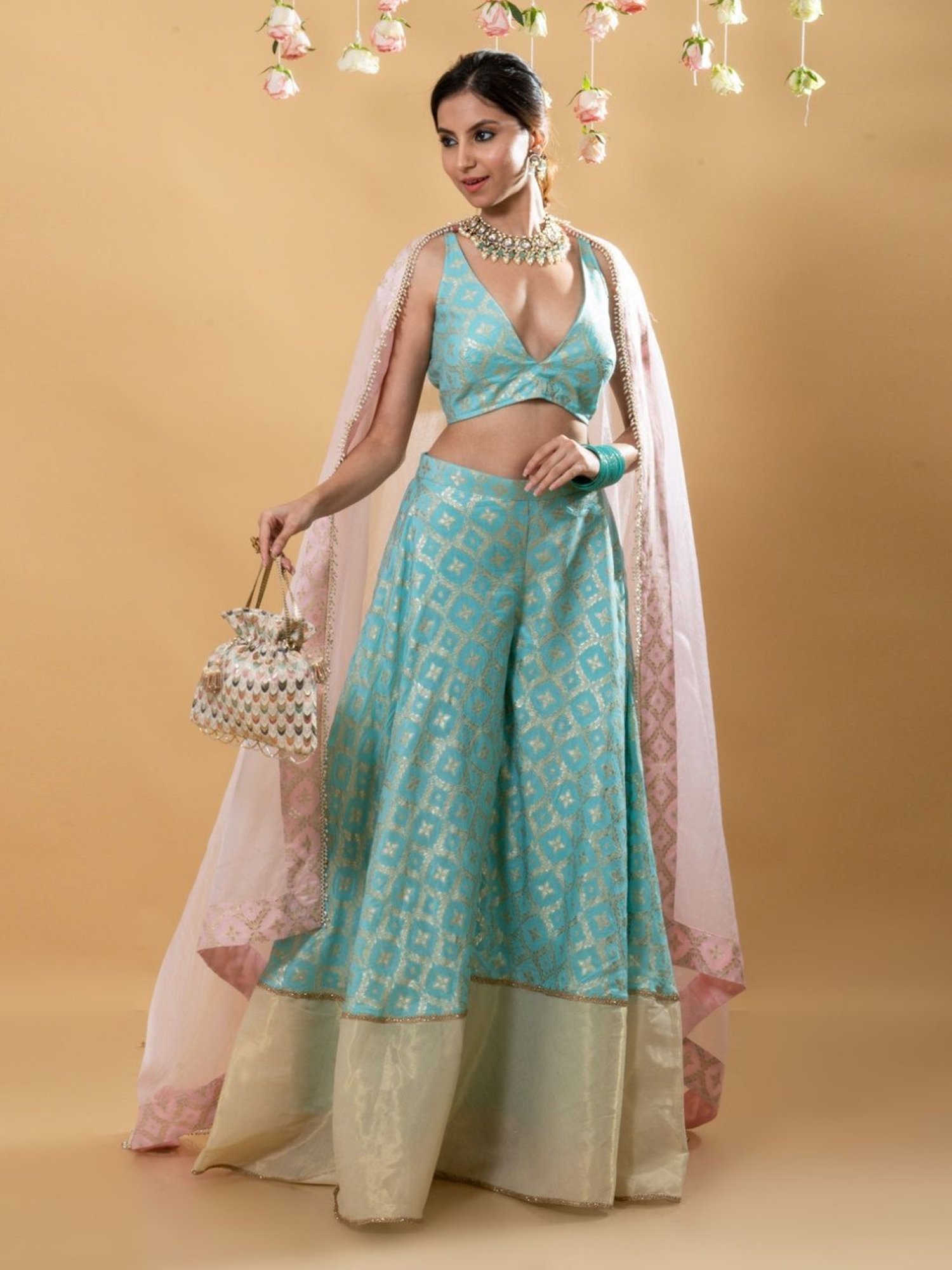 Monk and Mei Sitara Multi Nitya Brocade Sharara Blouse Dupatta Set