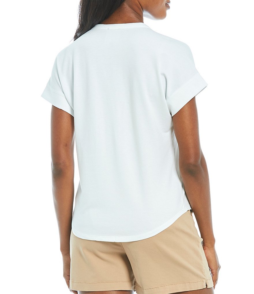 Alex Marie Lauren French Terry Knit V-Neck Button Front Short Sleeve Top