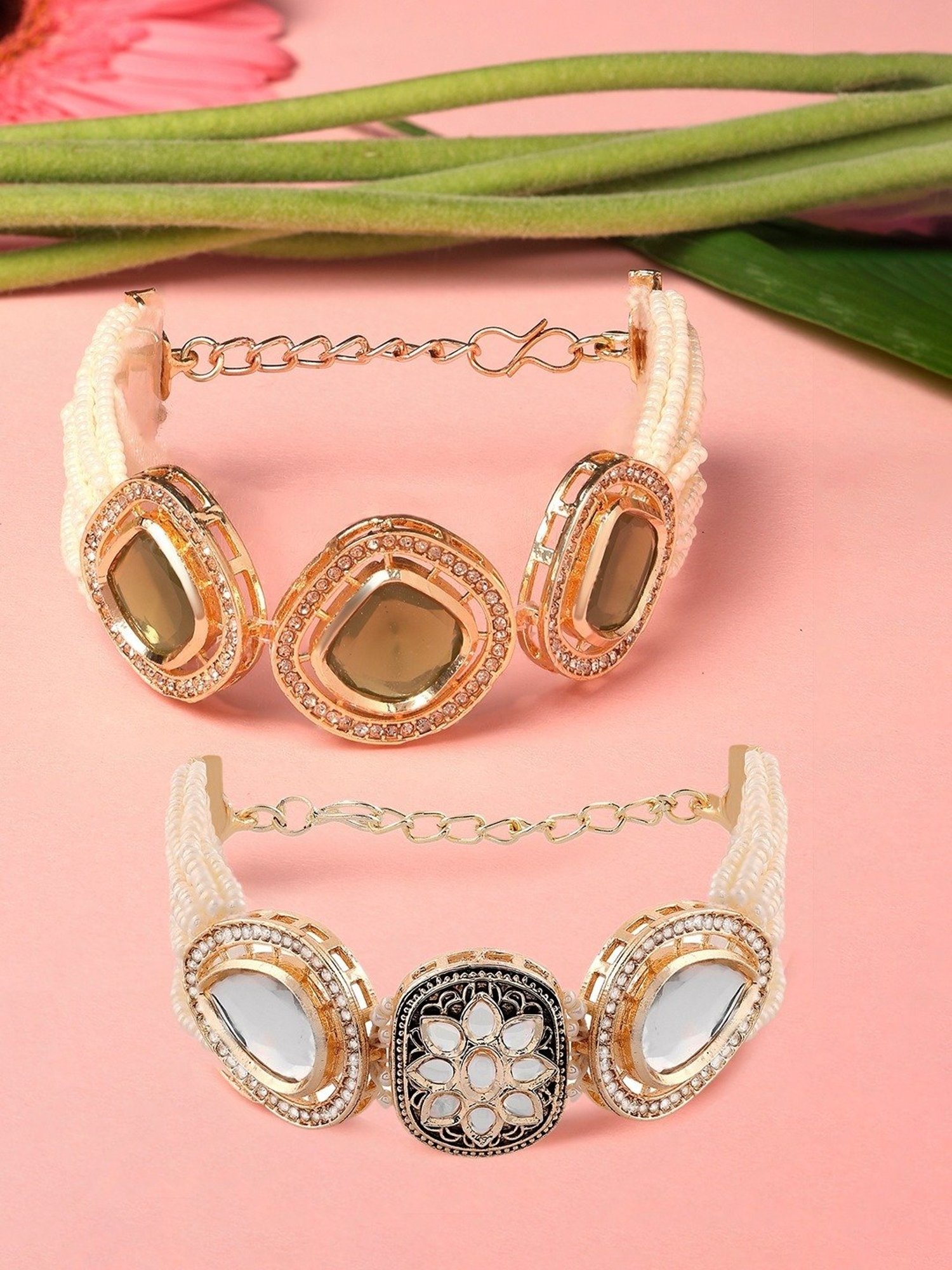 Zaveri Pearls Set of 2 Gold Tone & Green Multistrand Kundan & Beads Ethnic Bracelet-ZPFK16845