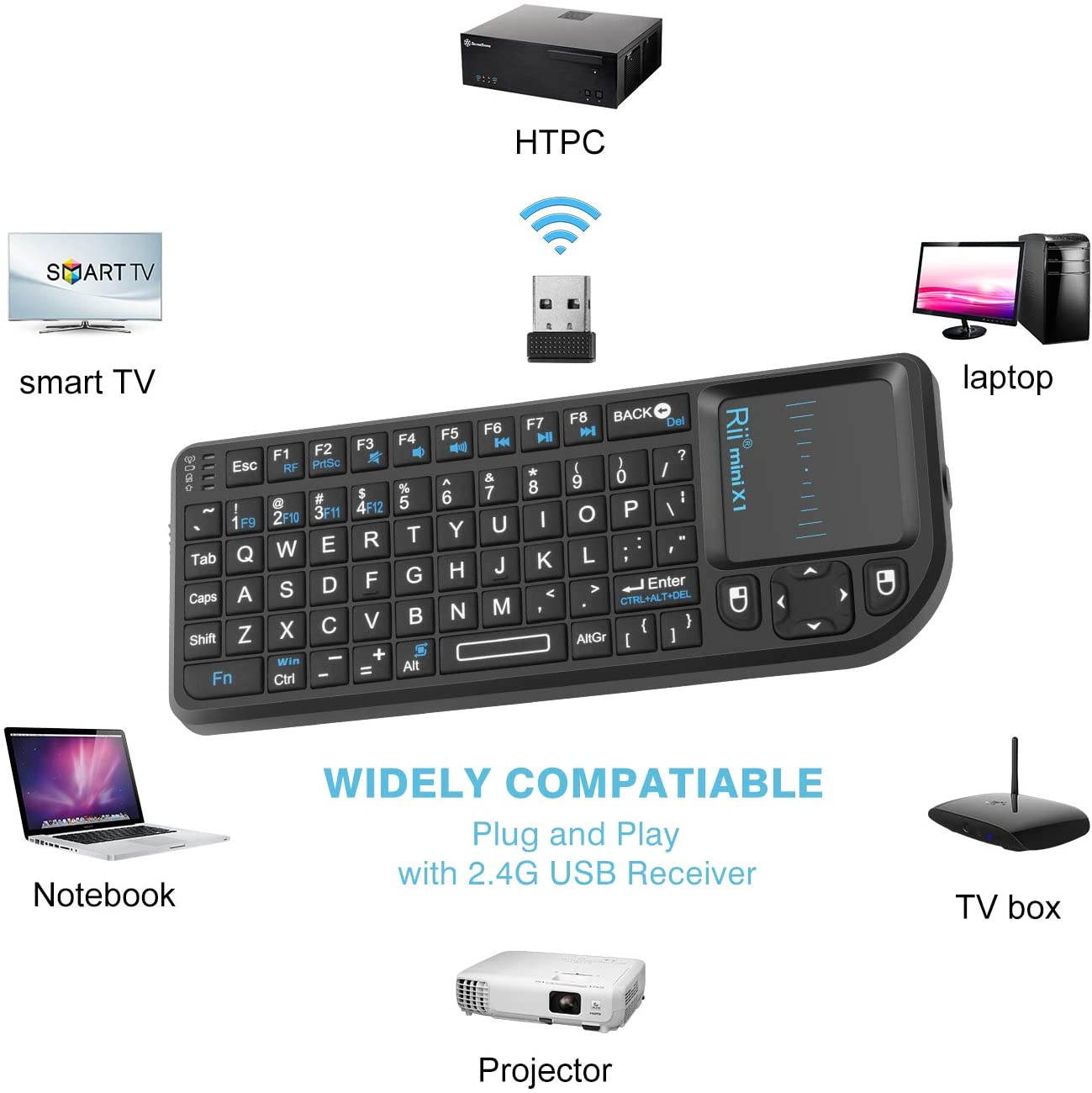 2.4G Mini Wireless Keyboard with Touchpad Mouse,Lightweight Portable Wireless Keyboard Controller with USB Receiver Remote Control for Windows/ Mac/ Android/ PC/Tablets/ TV/Xbox/ PS3. X1-Black