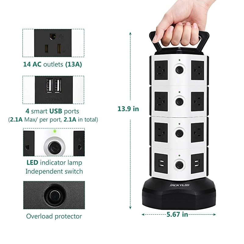 Power Strip Tower 14 Outlet Plugs with 4 USB Slot 65ft Cord Wire Extension 3000W Surge Protector Socket Charging Station for PC Laptops Mobile Devices