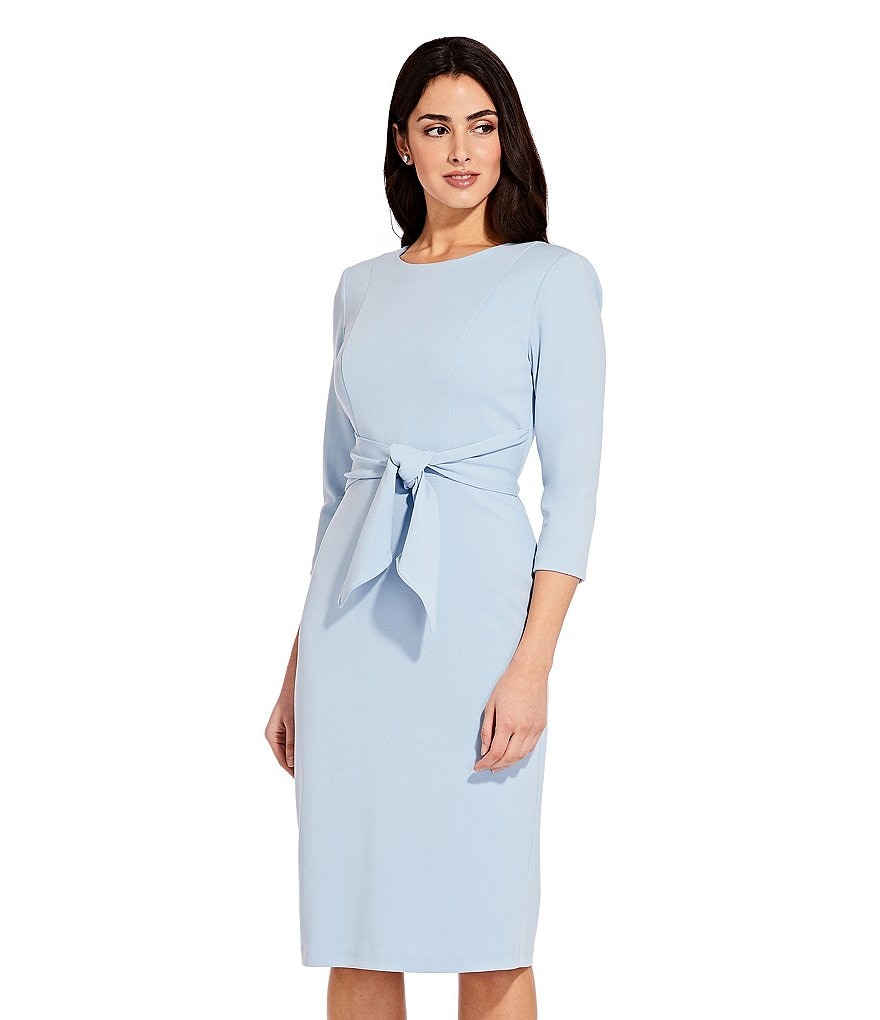 Adrianna Papell Stretch Crepe Knit Tie Waist 3/4 Sleeve Midi Sheath Dress