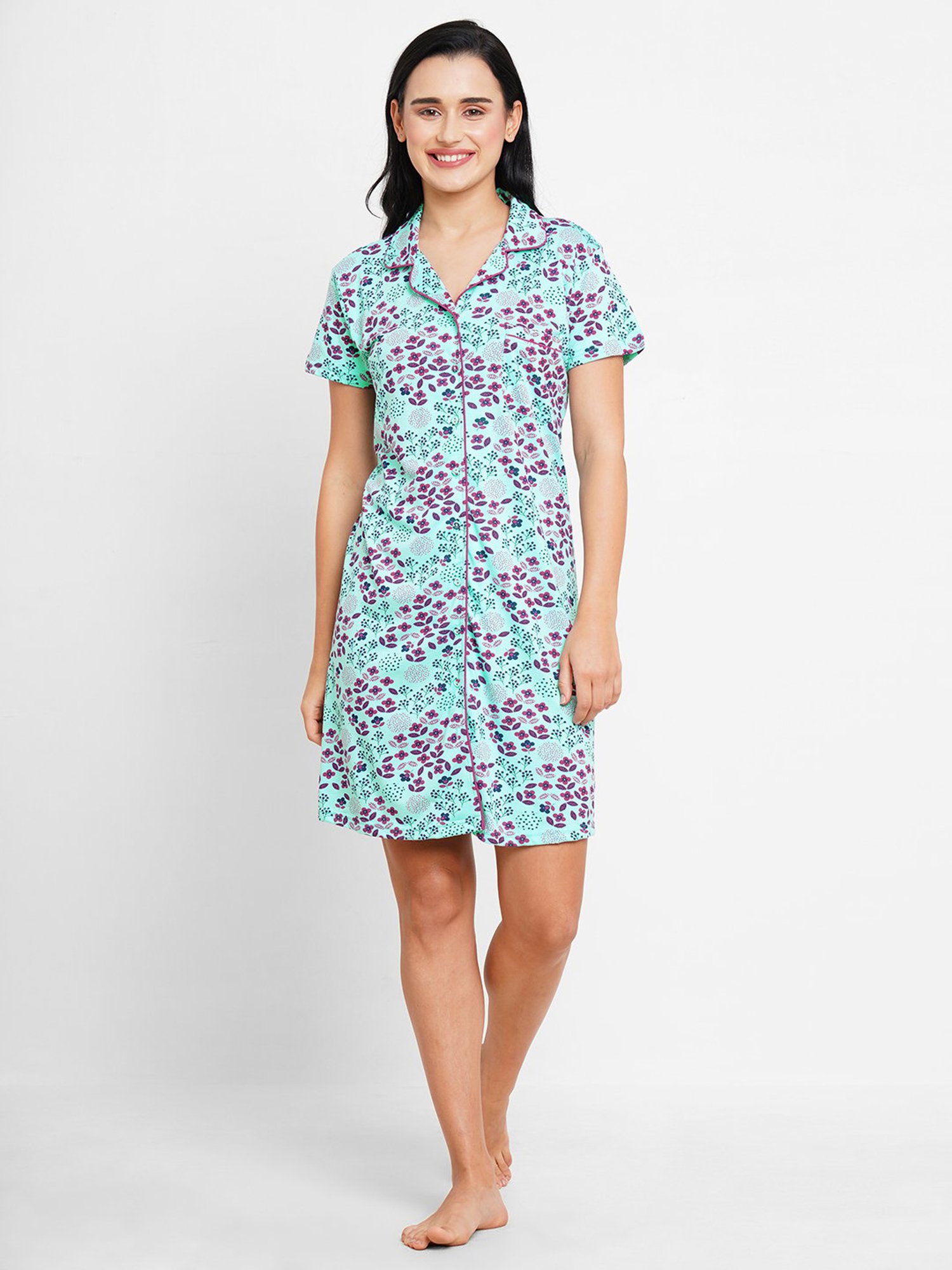 Inner Sense Blue Cotton Printed Night Shirt With Hairband