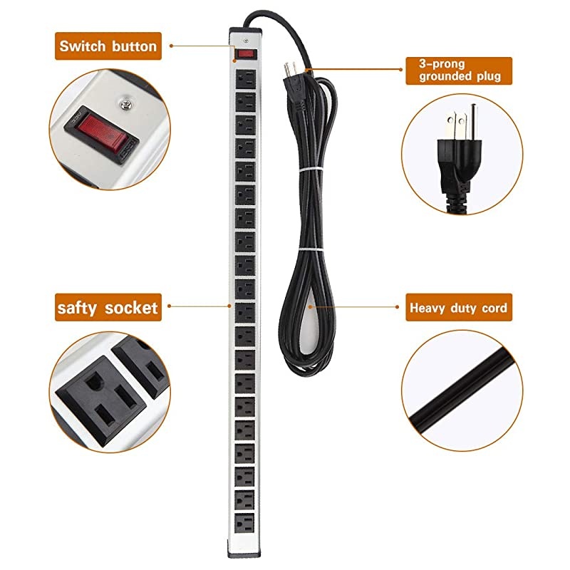 Strip Heavy Duty Metal 20 Outlets Socket with 15ft Long Cord and Circuit Breaker