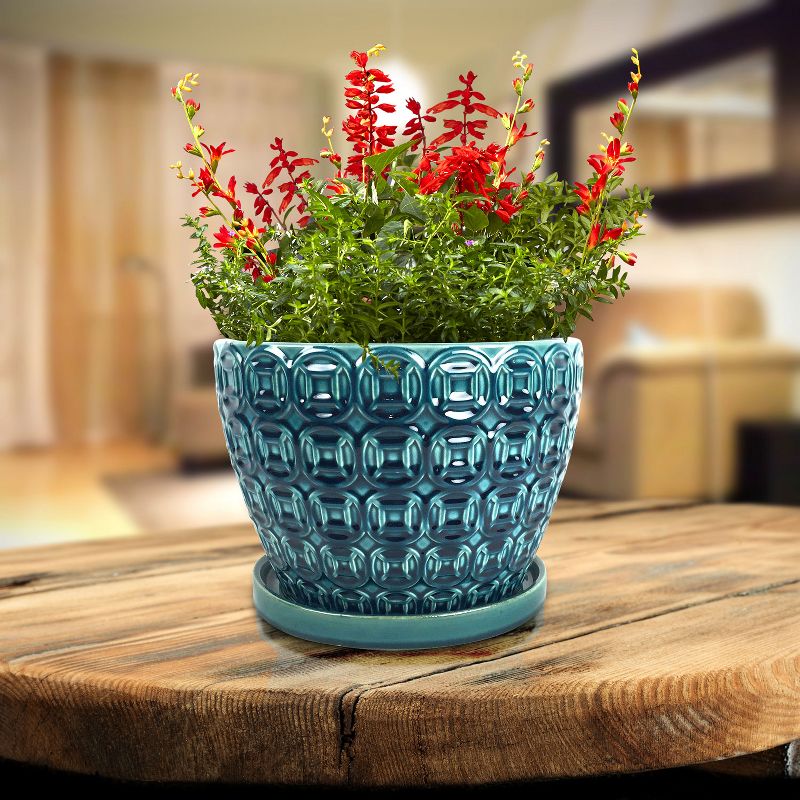 Southern Patio 12 Inch Ceramic Clay Mayer Flower Planter & Saucer Tray, Seafoam