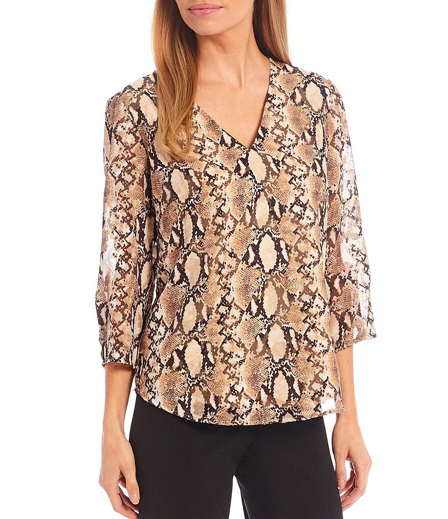 Preston & York Caroline Bow Woven V-Neck 3/4 Sleeve Blouse