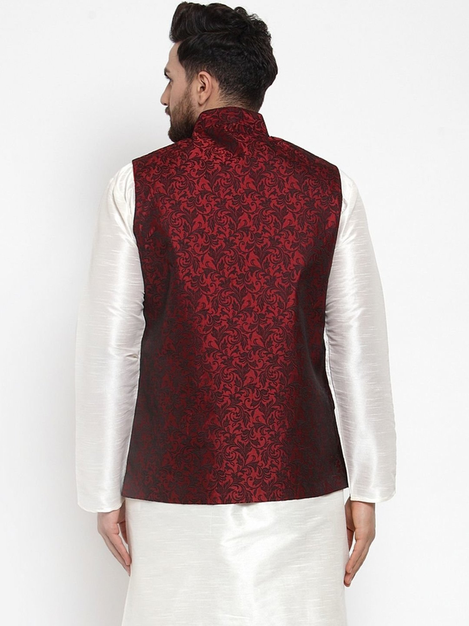 Jompers Maroon Cotton Regular Fit Embroidered Nehru Jacket
