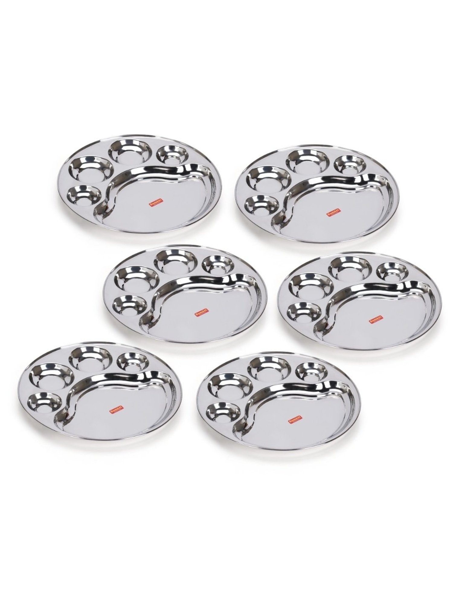 Sumeet Stainless Steel Round 5 in 1 Compartment Lunch / Dinner Plate Set of 6Pcs, 31cm Dia, Silver