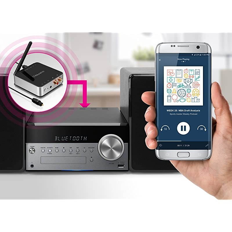 ABC53F Bluetooth Audio Receiver and Transmitter with Bluetooth 5 Stream up to 300 feet AUX RCA and Optical Connections Supported Low Latency aptX Wireless Audio TV to Headphones