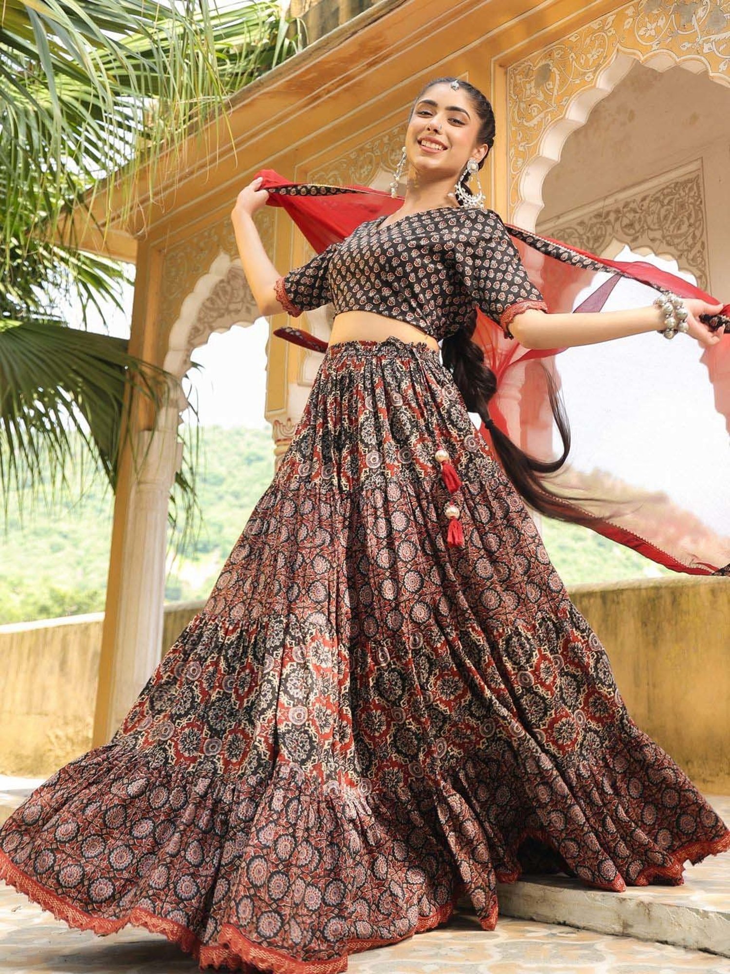 Janasya Black Cotton Printed Lehenga Choli Set With Dupatta