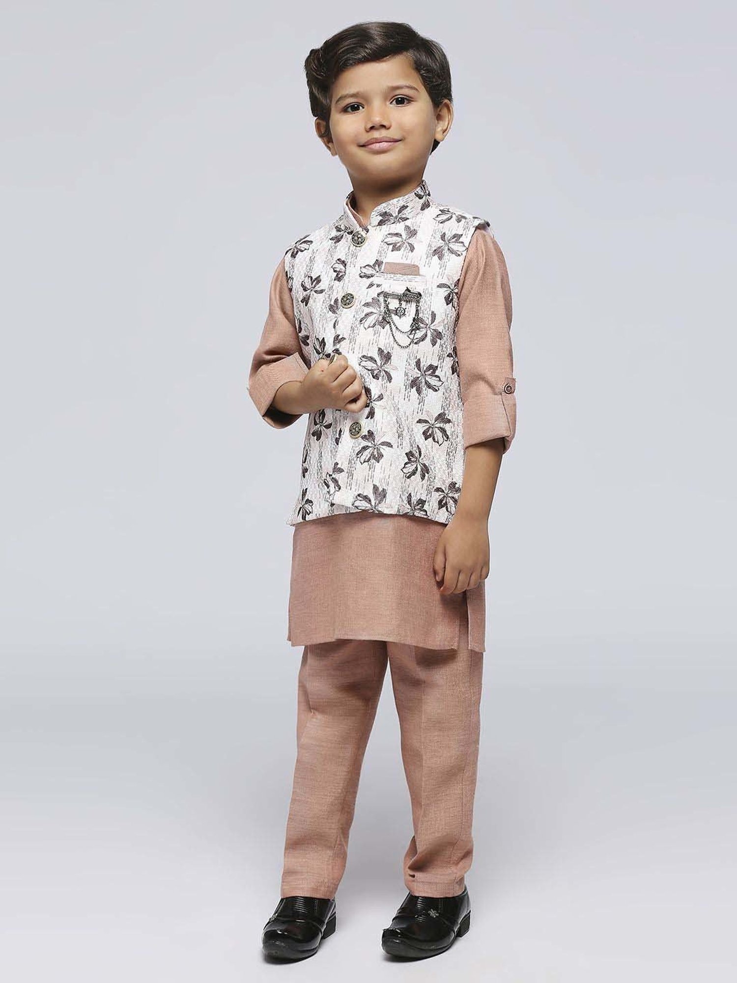 Kids Island Boys Brown Jacquard Full Sleeves Kurta Set