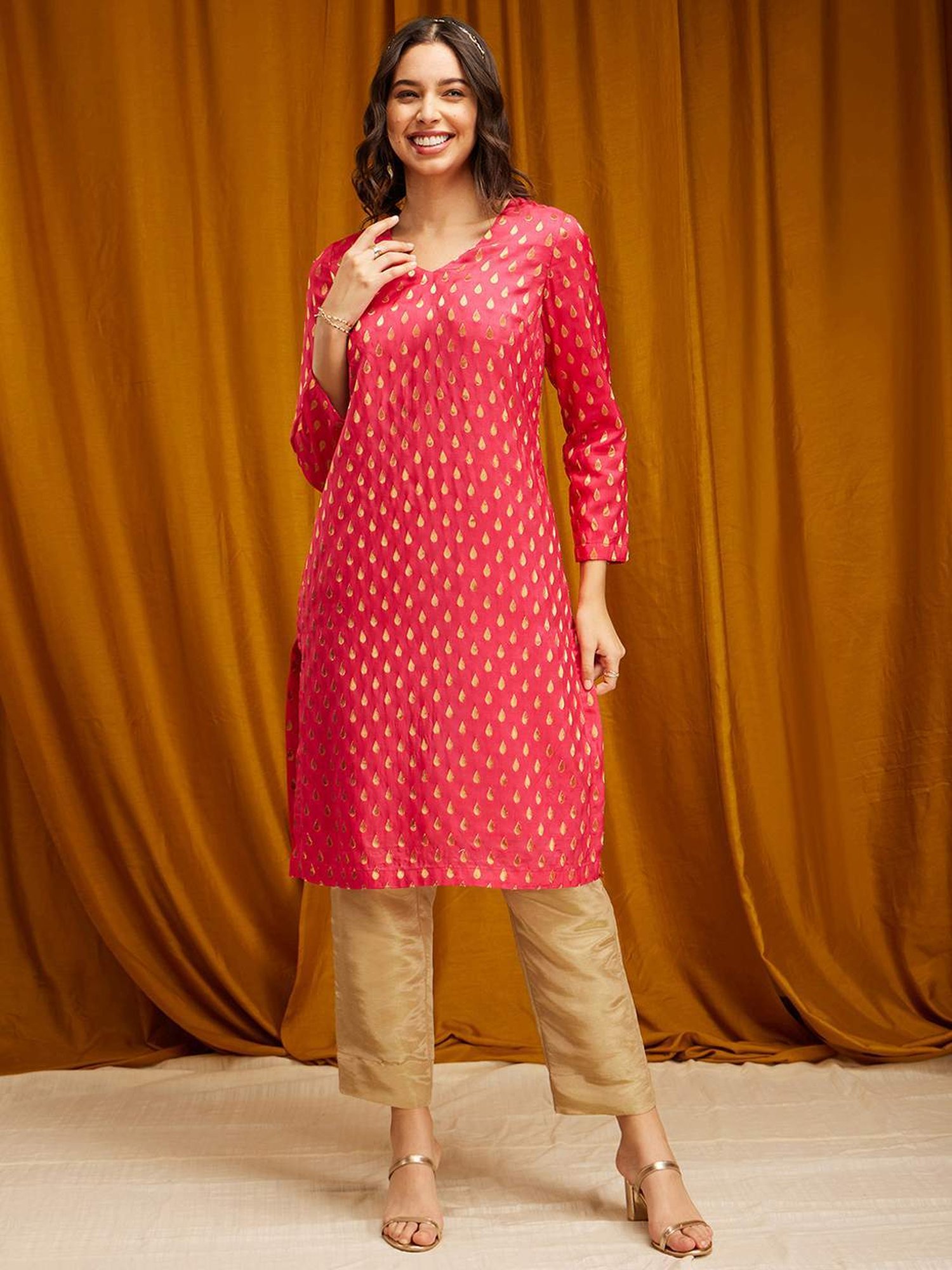 Pink Fort Golden Relaxed Fit Pants