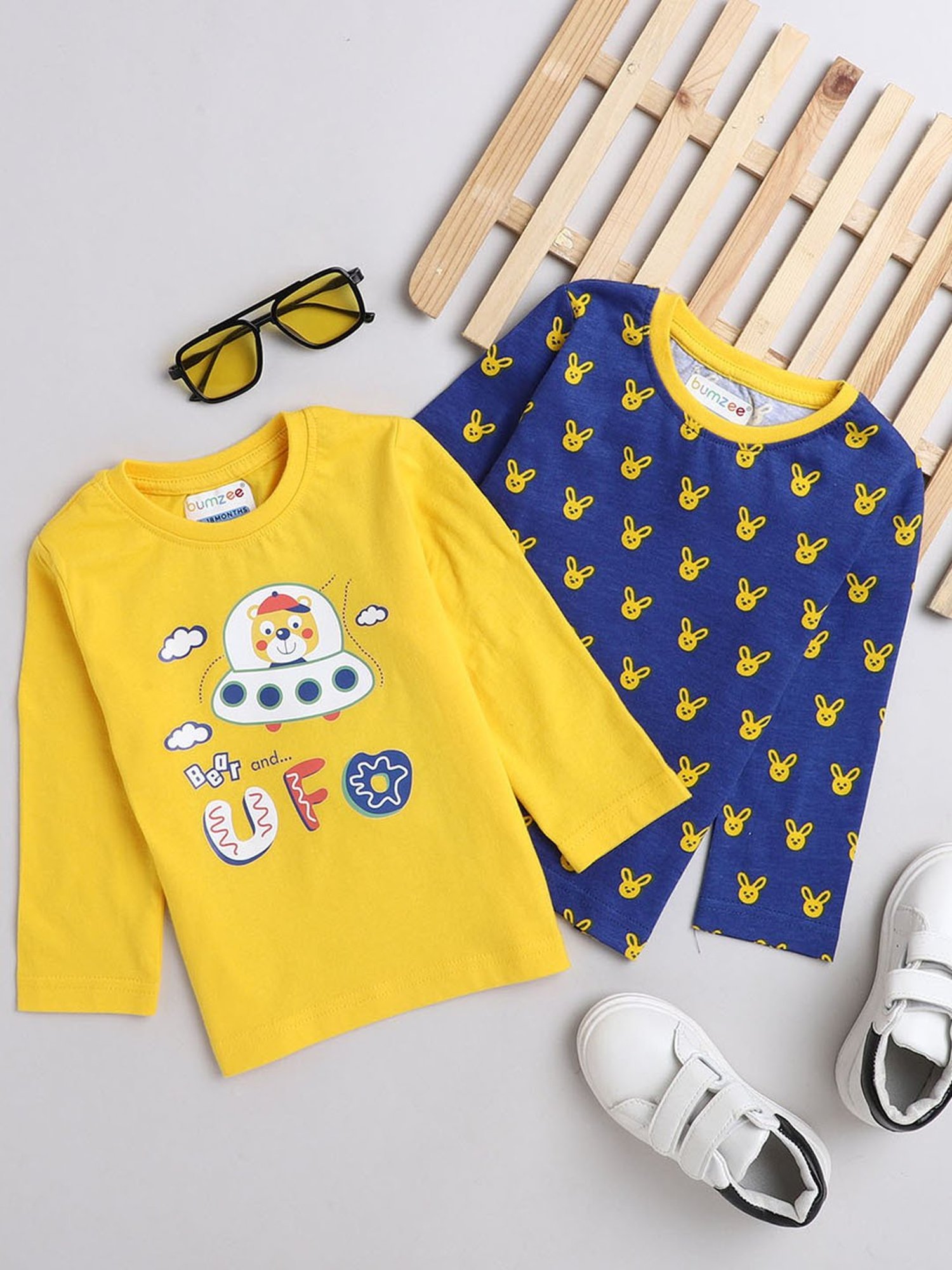 Bumzee Kids Navy & Yellow Printed Full Sleeves T-Shirts (Pack Of 2)