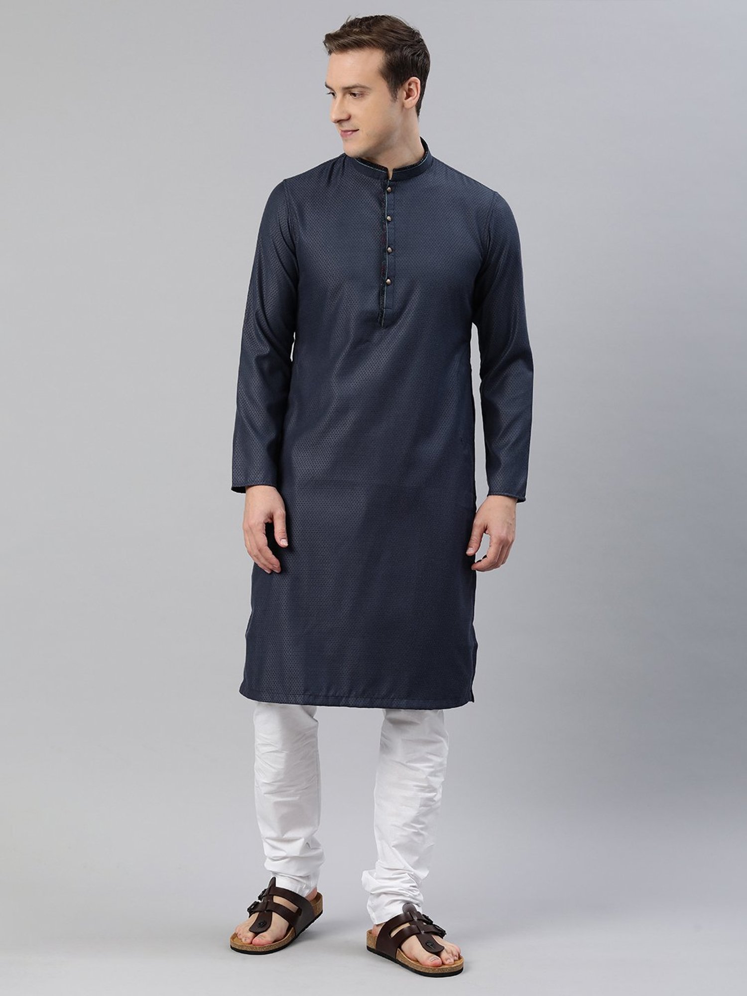 Manthan Navy & White Regular Fit Self Design Kurta & Pyjamas Set