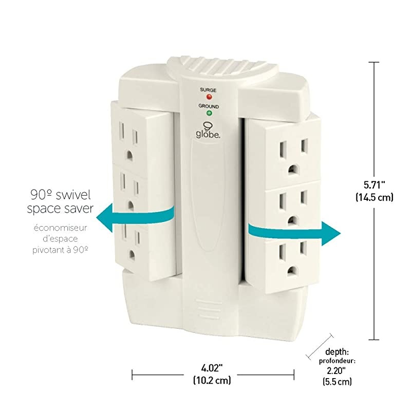 Space Saver Swivel Surge Protector Wall Adapter Tap Grounded Outlets White Finish7732001
