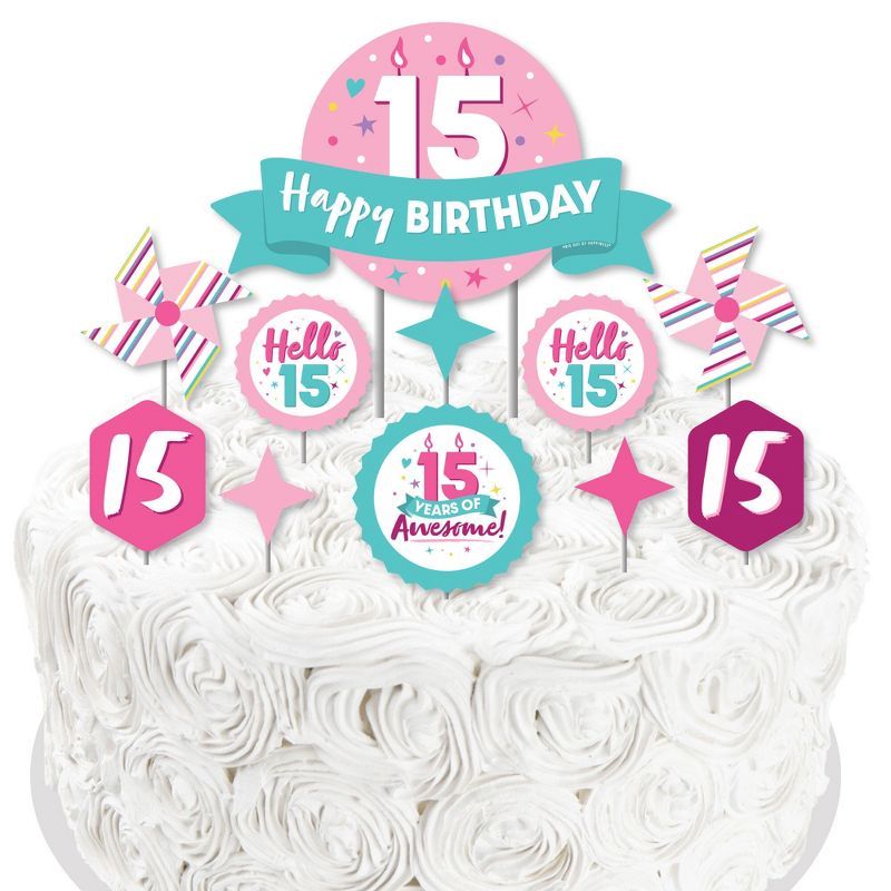 Big Dot of Happiness Girl 15th Birthday - Teen Birthday Party Cake Decorating Kit - Happy Birthday Cake Topper Set - 11 Pieces