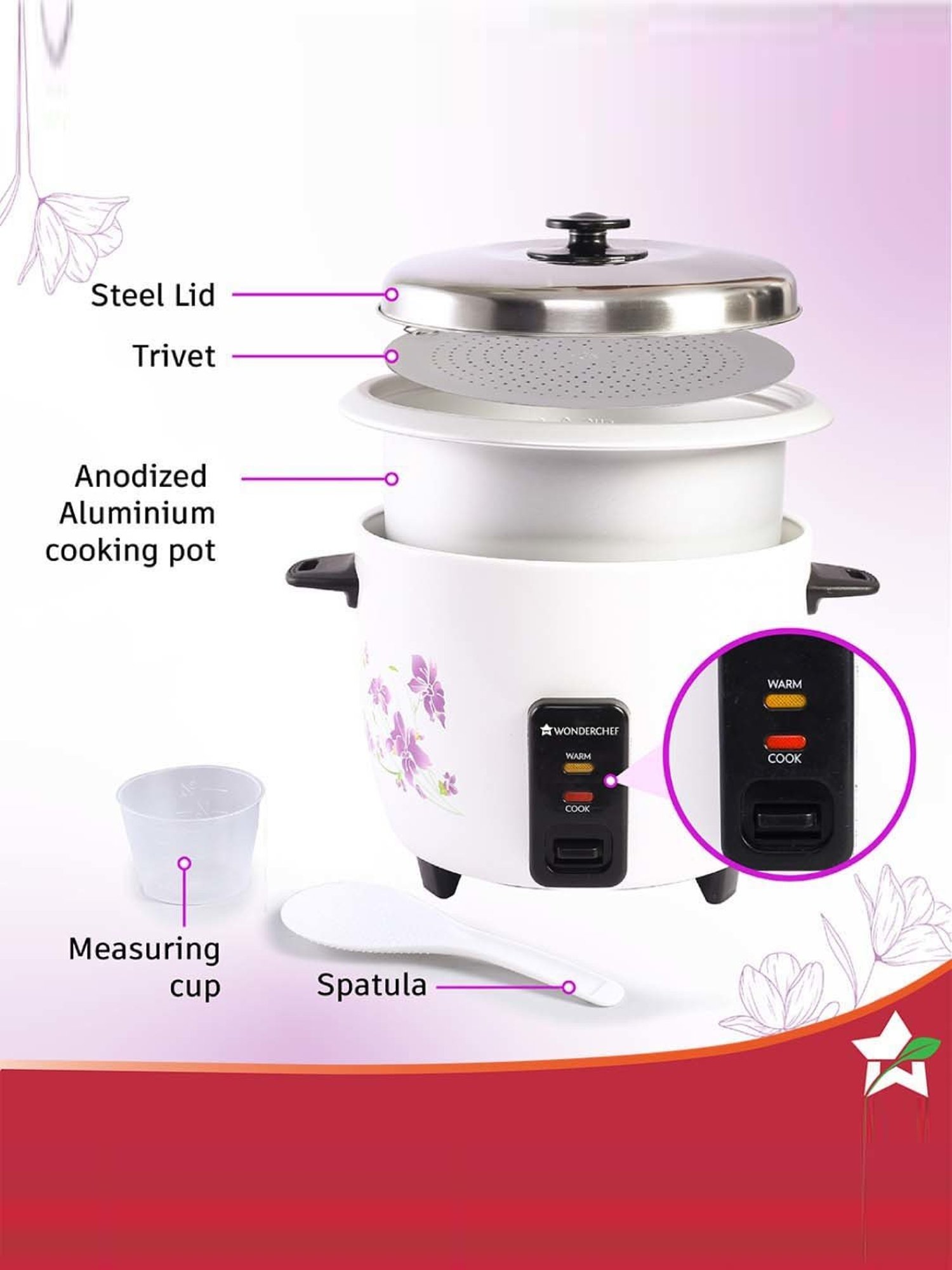 Pigeon Rice Cooker 700W, 1.8L with Single pot & Measuring Cup (Red)